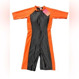 SUMMER neon orange & black sun protection surf suit swimsuit w zip front NWT